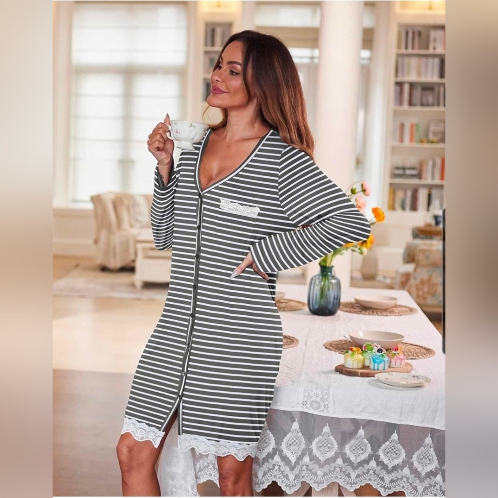 Striped Gray Women's Robe with Lace Trim
